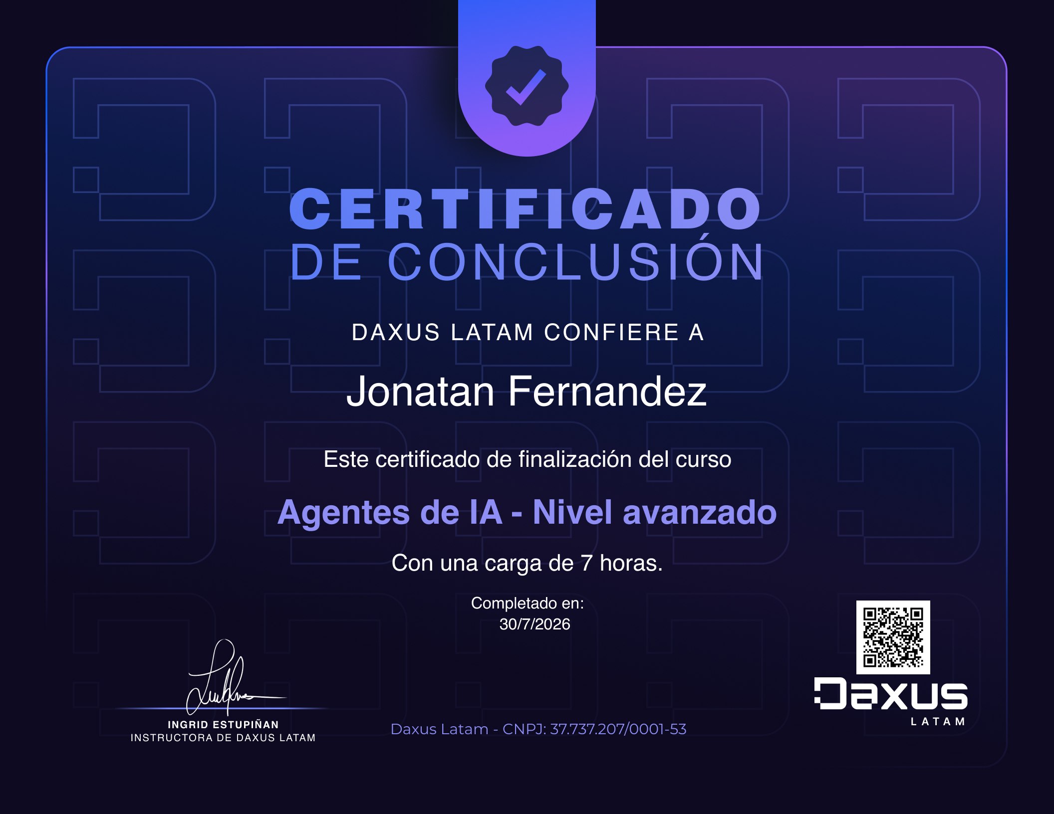 Certificado: Agentes de IA - Nivel avanzado, Daxus Latam, 7 horas, julio 2026