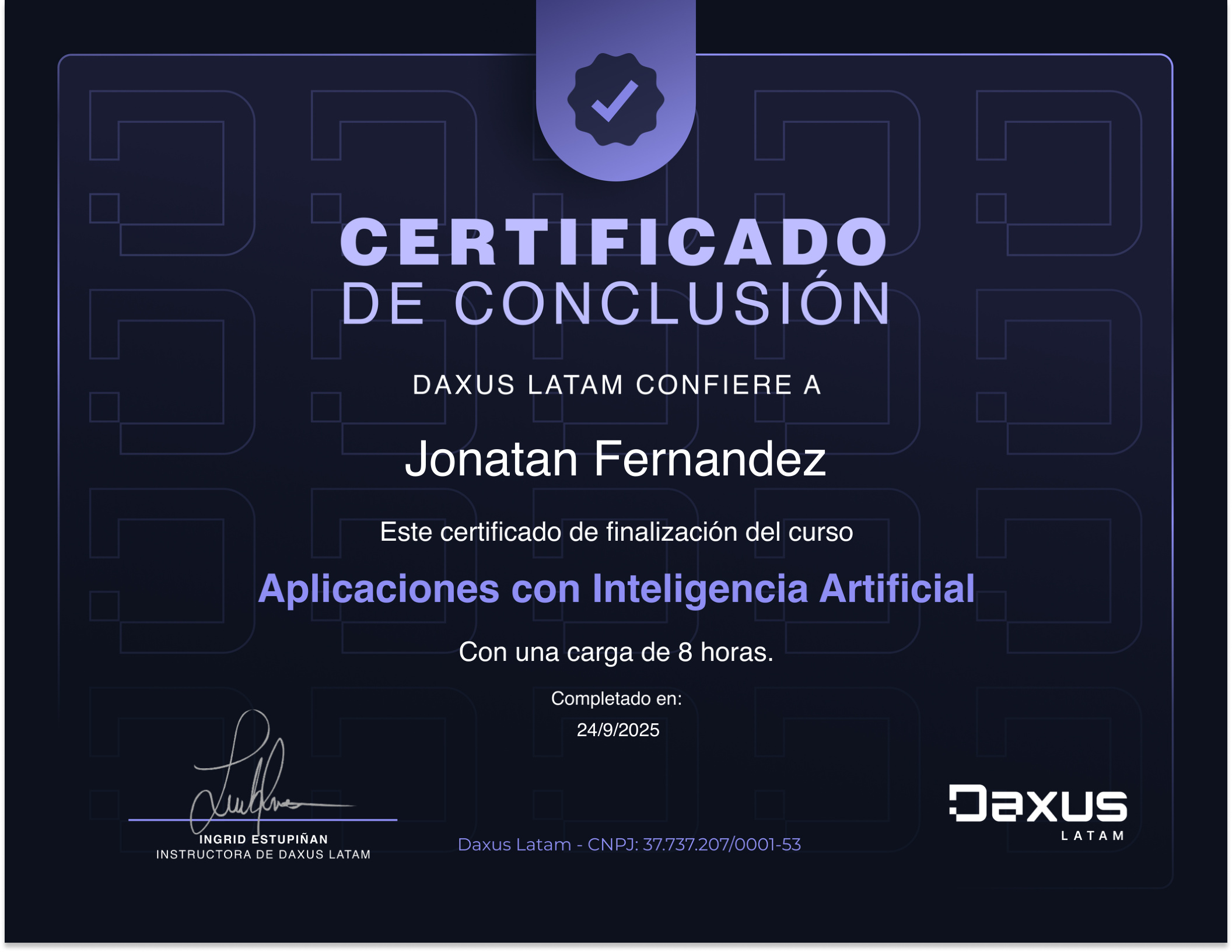 Certificado: Aplicaciones con Inteligencia Artificial, Daxus Latam, 8 horas, septiembre 2025