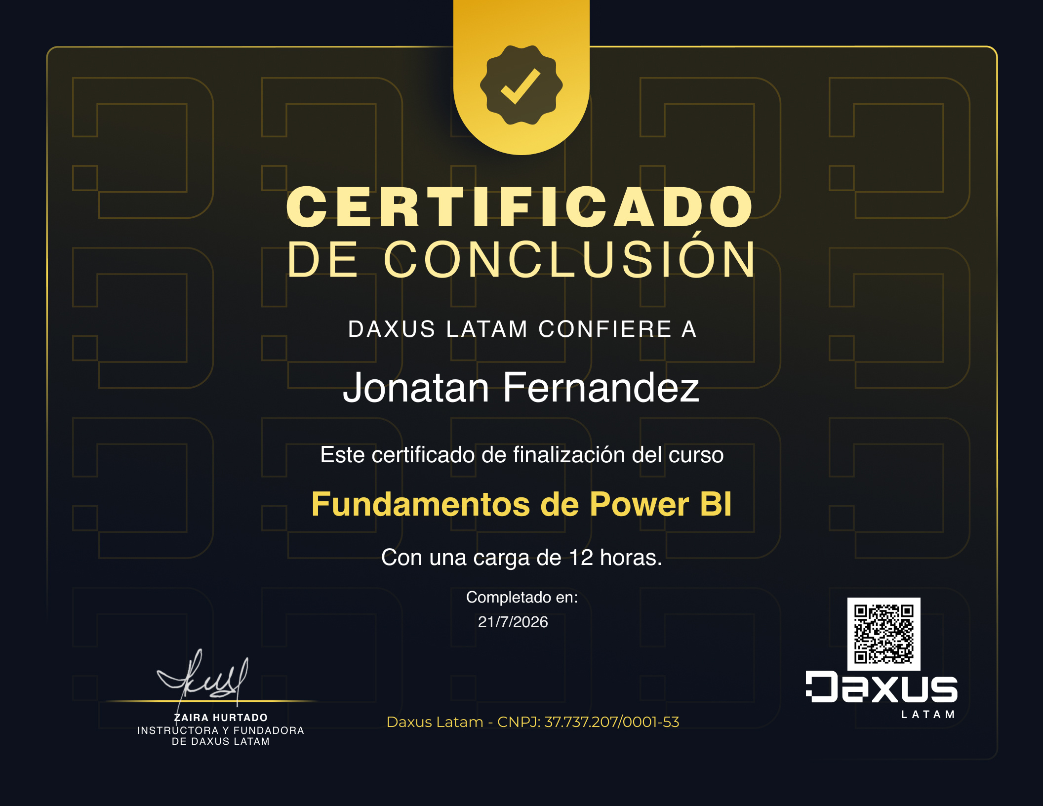 Certificado: Fundamentos de Power BI, Daxus Latam, 12 horas, julio 2026