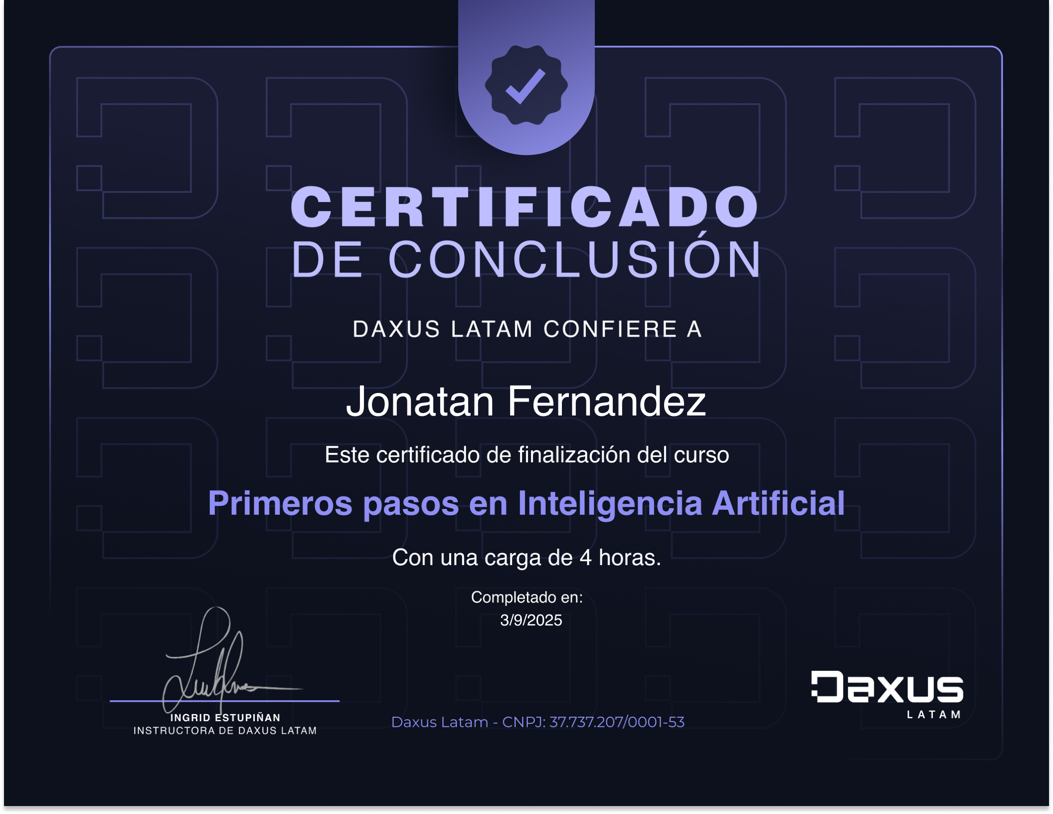 Certificado: Primeros pasos en Inteligencia Artificial, Daxus Latam, 4 horas, septiembre 2025