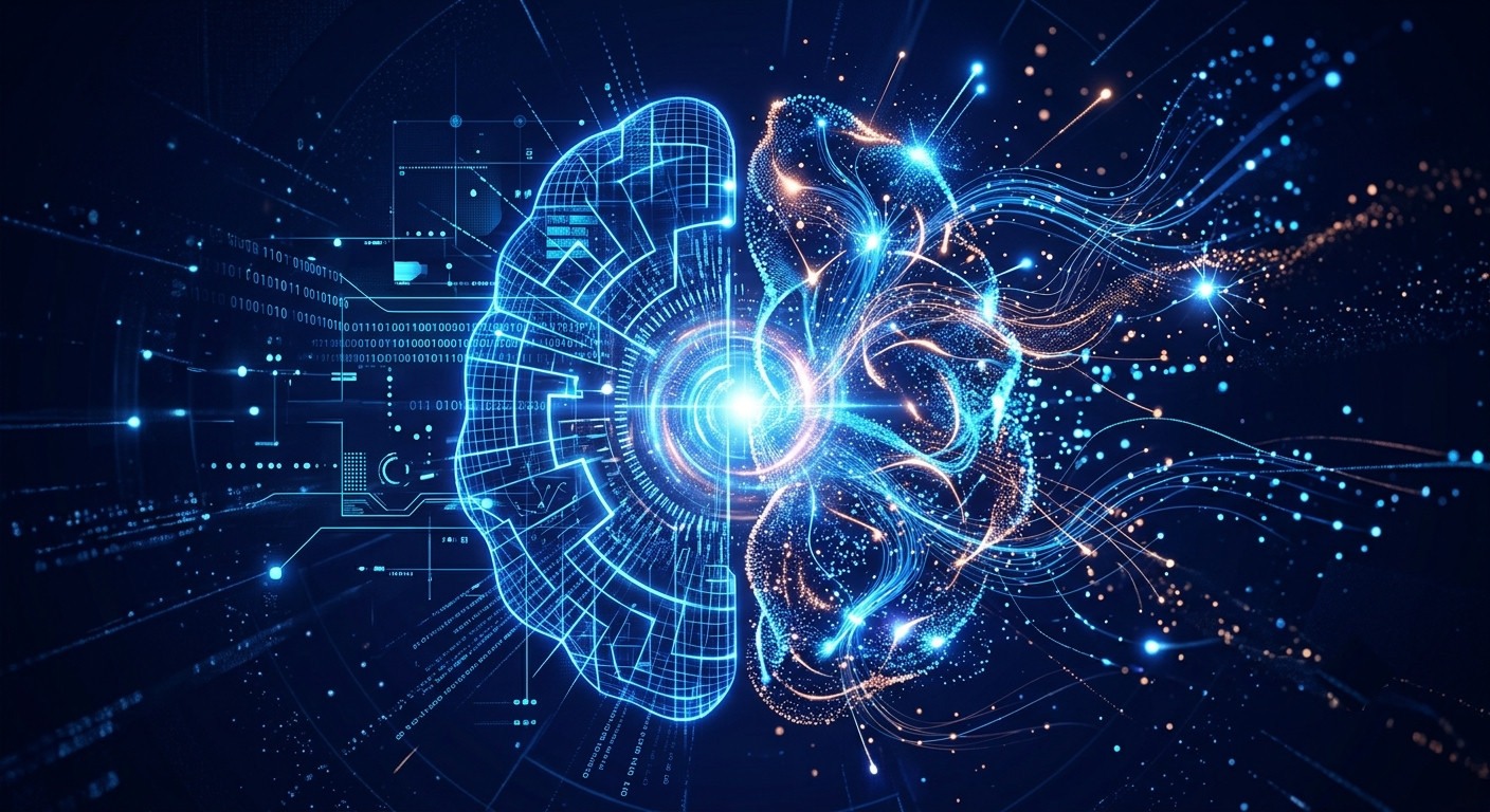 Un cerebro dividido en dos hemisferios con dos estilos distintos — grilla y circuitos de un lado, partículas de datos y luz del otro — representando dos formas de pensar conectándose.