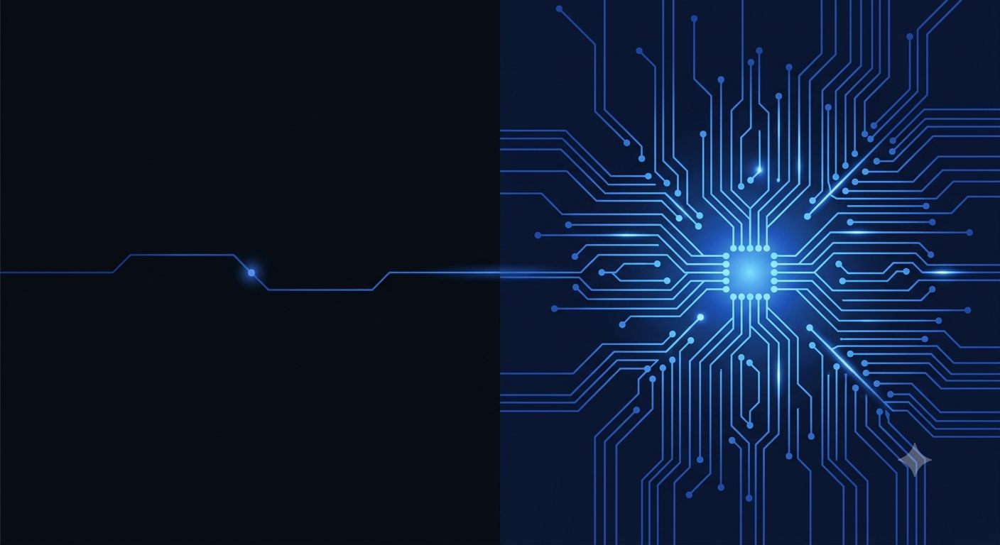 Comparación lado a lado: un circuito simple y aislado vs. uno complejo, denso e interconectado, brillando en azul cobalto.