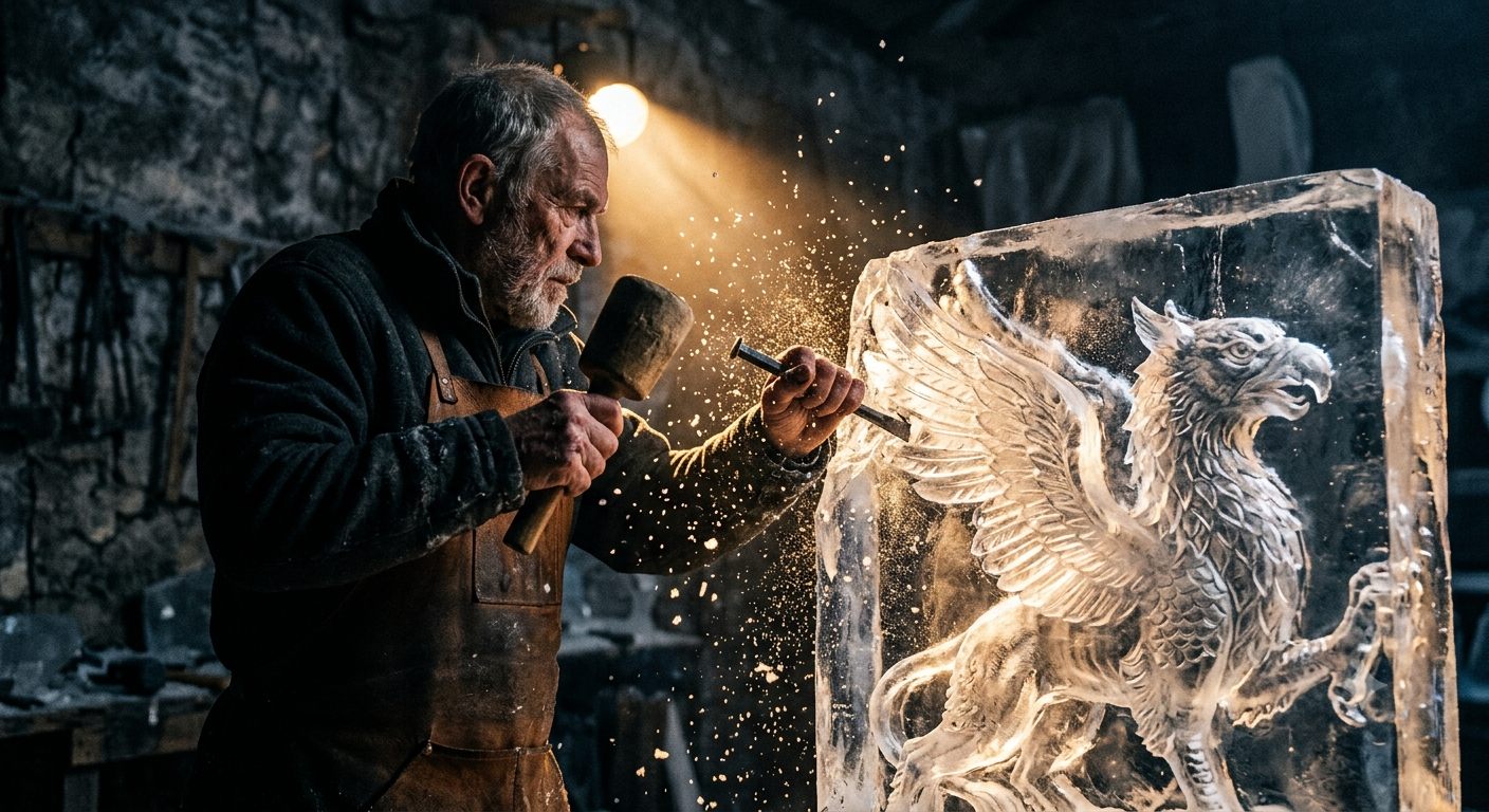 Un escultor tallando a mano una figura de grifo, detallada y compleja, en un bloque de hielo — representando la maestría de una sola persona ejecutando algo extraordinario, sin equipo detrás.