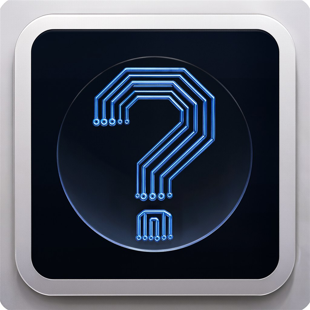Un signo de interrogación formado por trazos de circuito azul cobalto, en un panel minimalista con marco plateado.