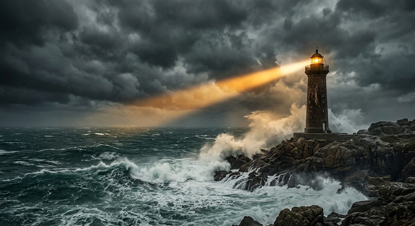 Un faro sobre rocas, con su haz de luz cortando una tormenta oscura sobre el mar — representando guía y ayuda en medio de la dificultad.