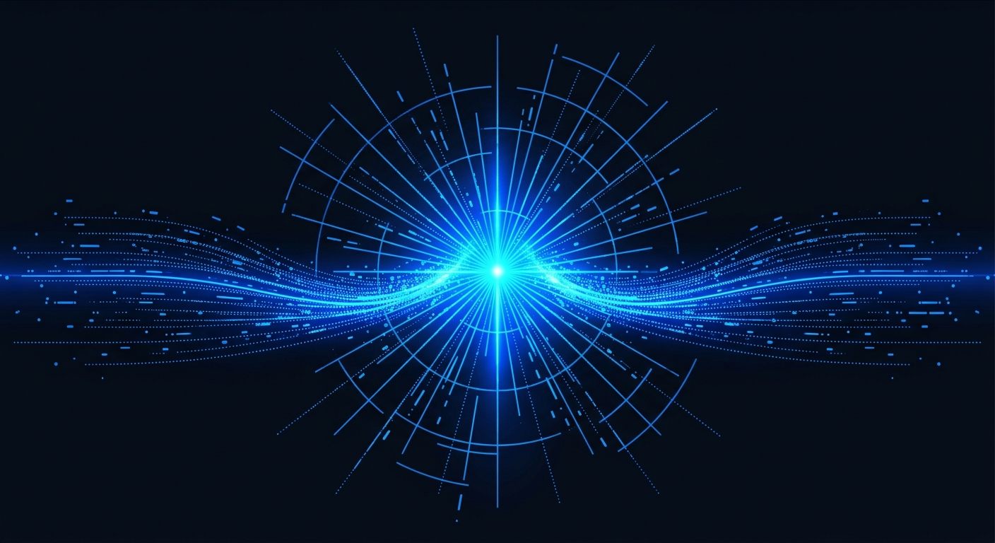 Dos flujos de datos en azul cobalto convergiendo y fusionándose en un punto de luz central — representando una conexión que se completa.