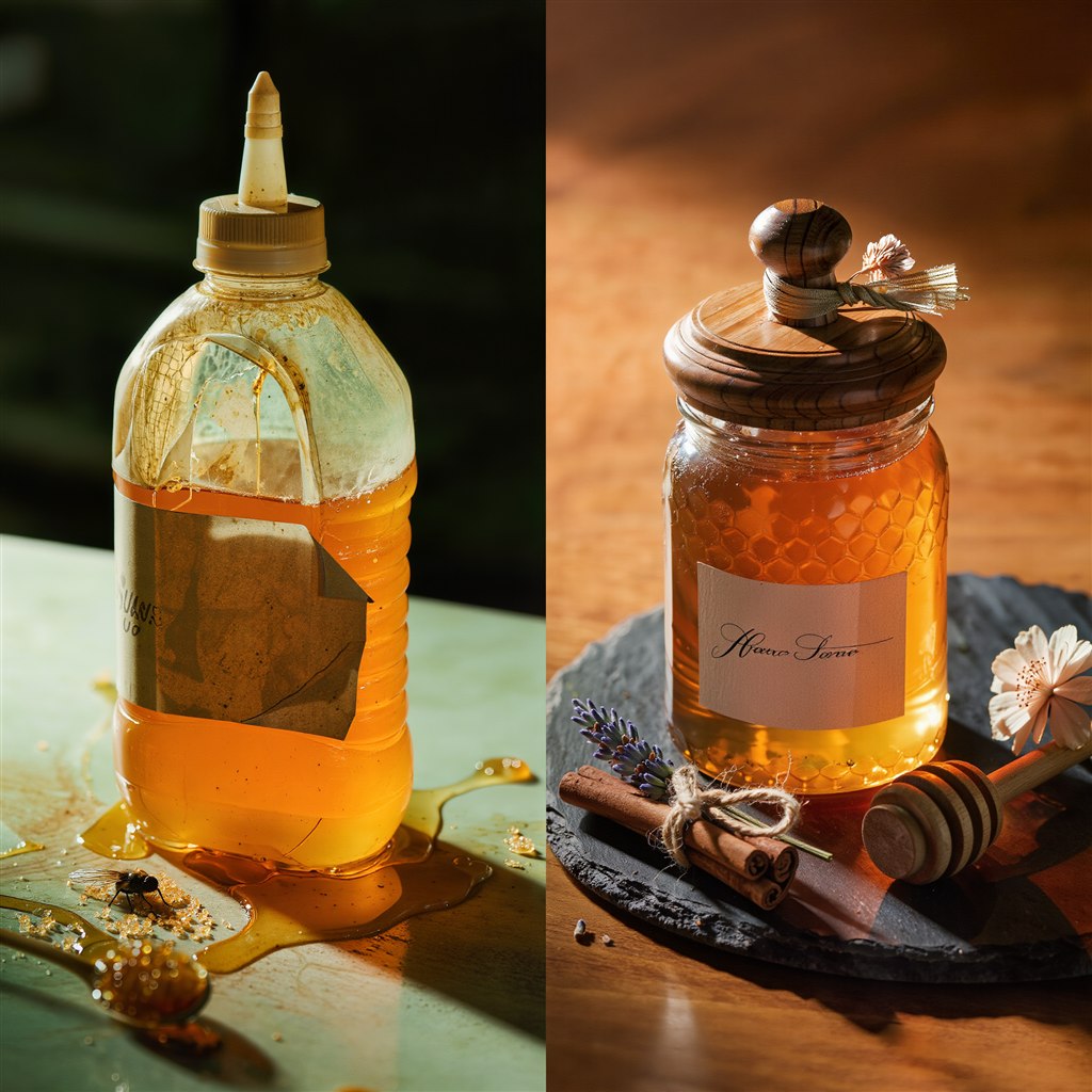 Comparación lado a lado: una botella de miel sucia, pegajosa y con la etiqueta rota, vs. un frasco elegante con miel de panal, canela, lavanda y flores — el mismo producto, pero la presentación cambia por completo cómo se percibe su valor.