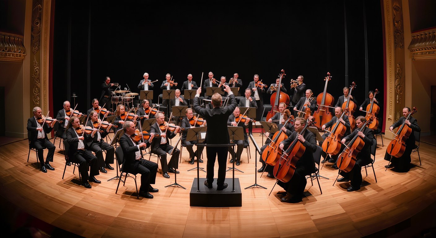 Un director de orquesta en el centro de una orquesta sinfónica completa, batuta en alto dirigiendo a cuerdas, viento y percusión — elegancia, precisión y una sola persona coordinando algo complejo.