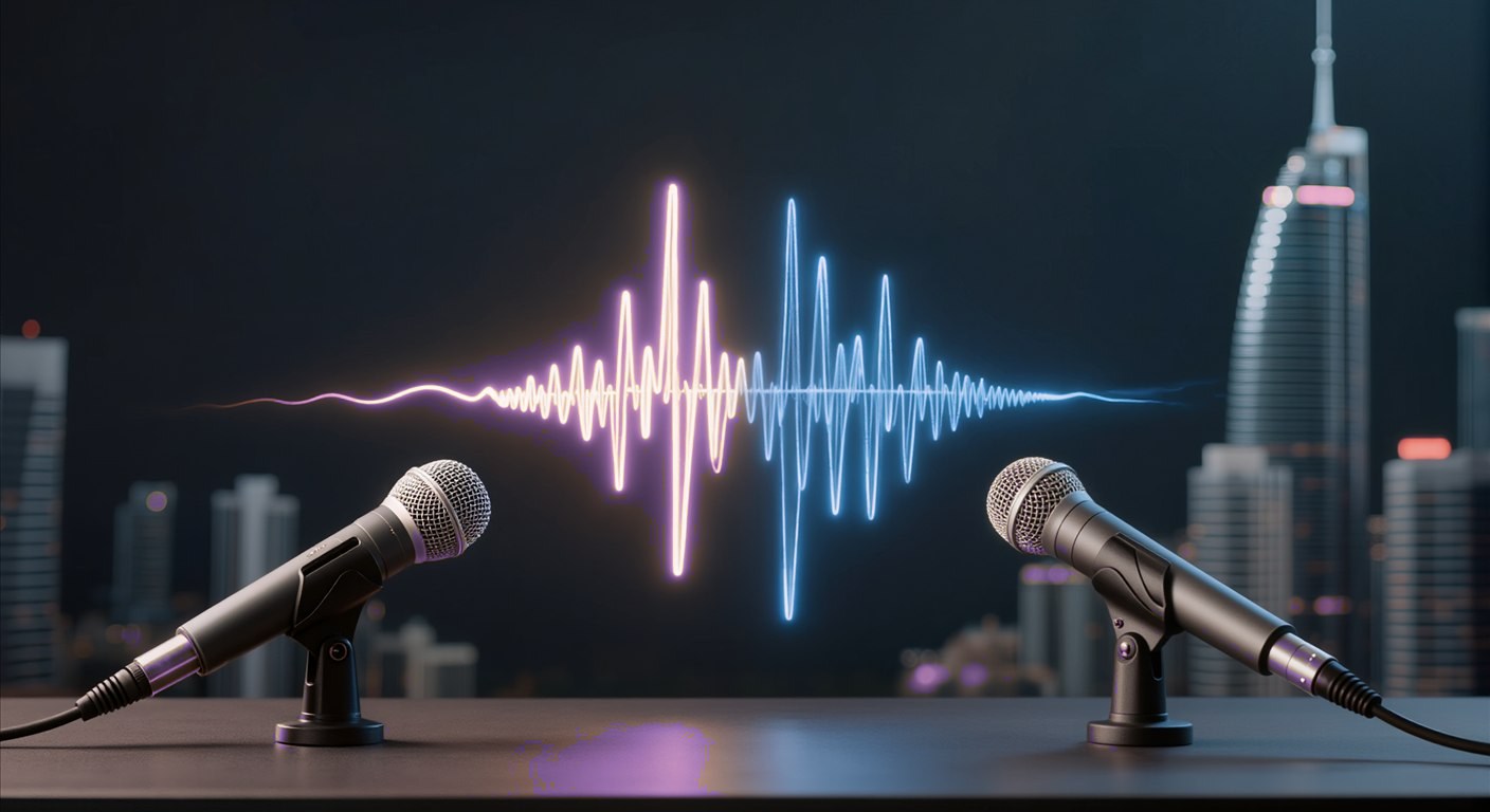 Dos micrófonos frente a frente sobre una mesa oscura, con dos ondas de sonido de luz — una cálida, una azul cobalto — entrelazándose entre ellos, y el skyline de una ciudad desenfocado de fondo.