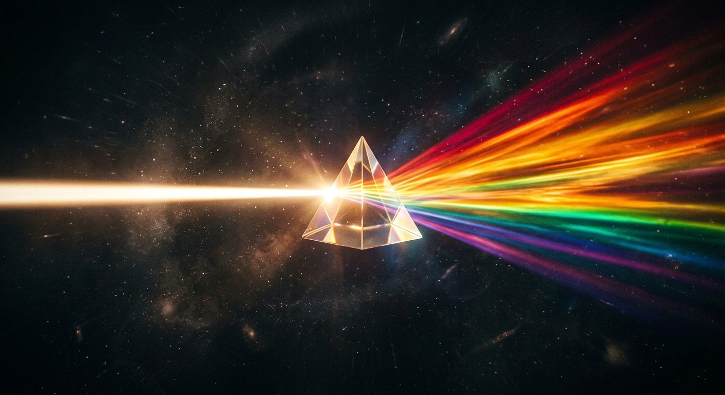 Un prisma de cristal dividiendo un haz de luz blanca en un espectro completo de colores — representando la variedad de contenido que se puede lograr con IA.