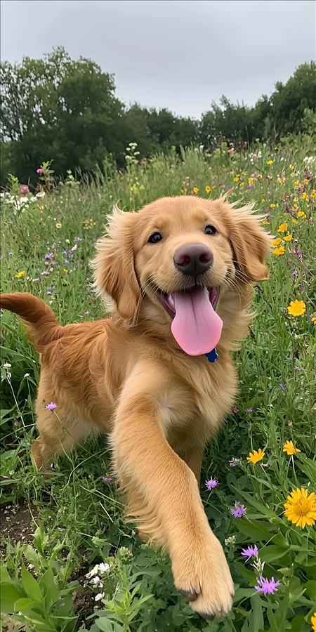 Cachorro de golden retriever corriendo por un campo de flores silvestres, lengua afuera y expresion alegre.