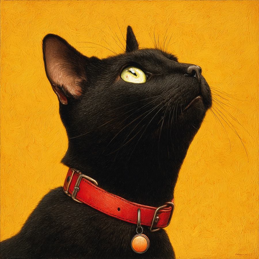 Gato negro visto de perfil con collar rojo, estilo pintura al oleo sobre fondo amarillo.