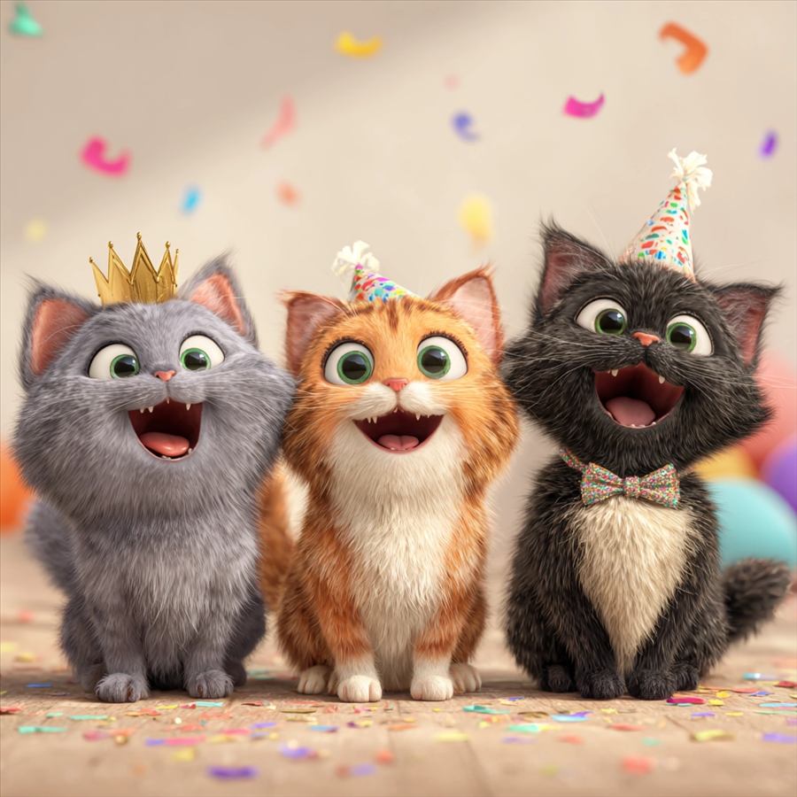 Tres gatitos animados con gorros de fiesta y confeti, estilo de animacion 3D.