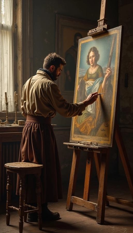 Pintor de espaldas trabajando en un retrato clasico sobre un caballete, luz de ventana lateral.