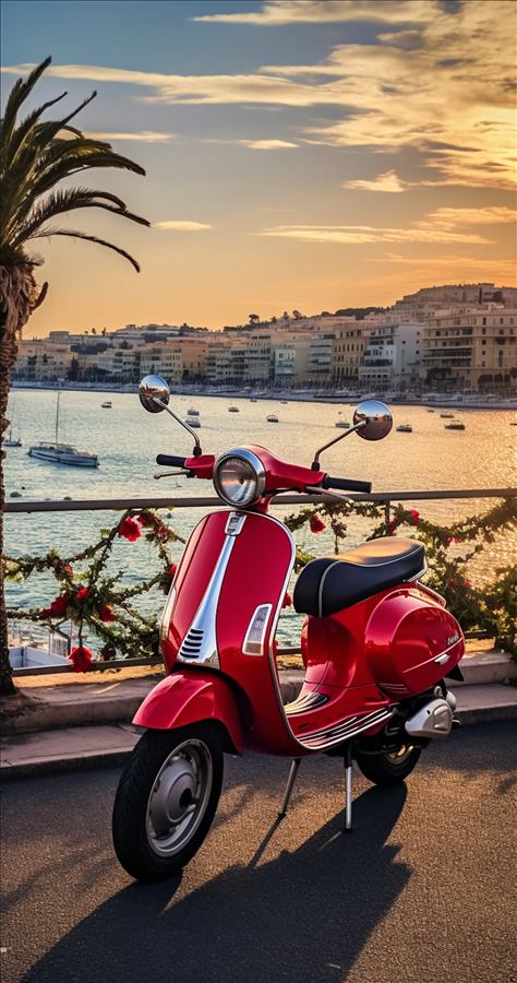 Vespa roja estacionada frente a una bahia al atardecer, con una palmera al costado.