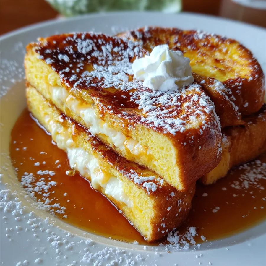 Torrejas rellenas con crema y jarabe, espolvoreadas con azucar glas.