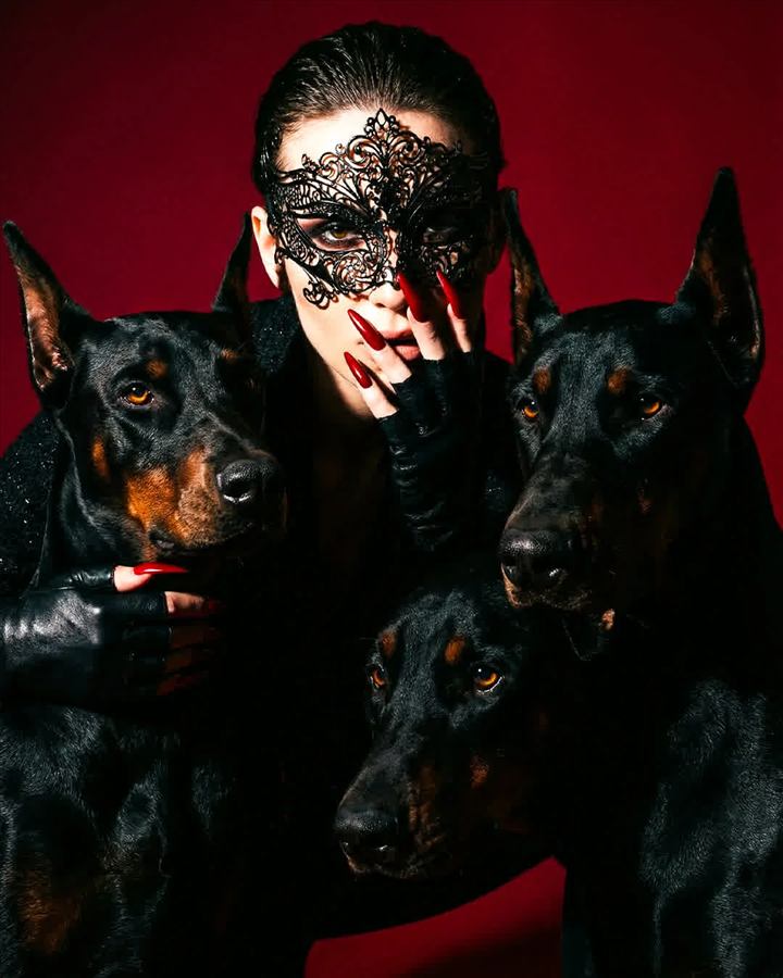 Mujer con antifaz de encaje negro rodeada de tres perros Doberman, fondo rojo intenso, estetica editorial oscura.
