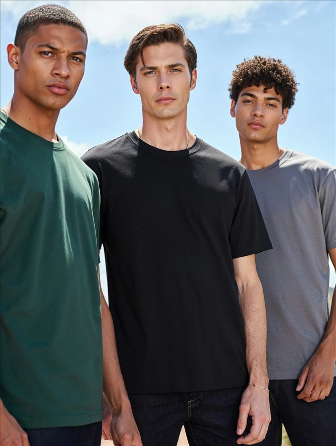 Tres hombres jovenes en camiseta de distintos colores, retrato de moda al aire libre con cielo despejado.
