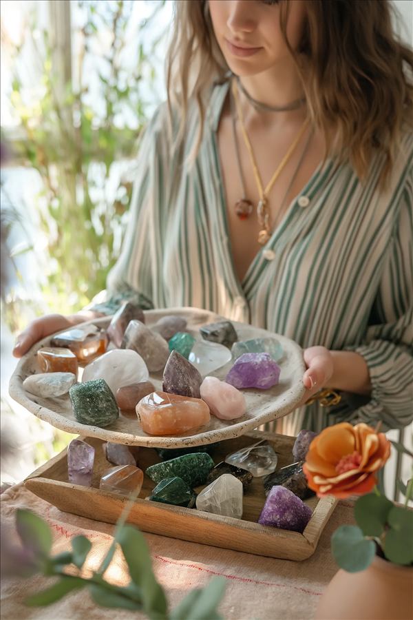 Mujer sosteniendo una bandeja de cristales y piedras de colores, estetica boho con luz natural.