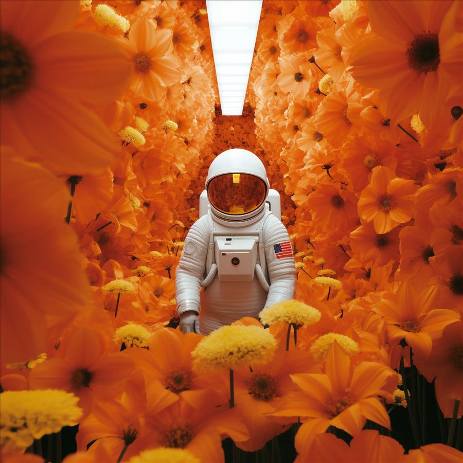 Astronauta caminando por un pasillo cubierto de flores naranjas y amarillas, escena surrealista.