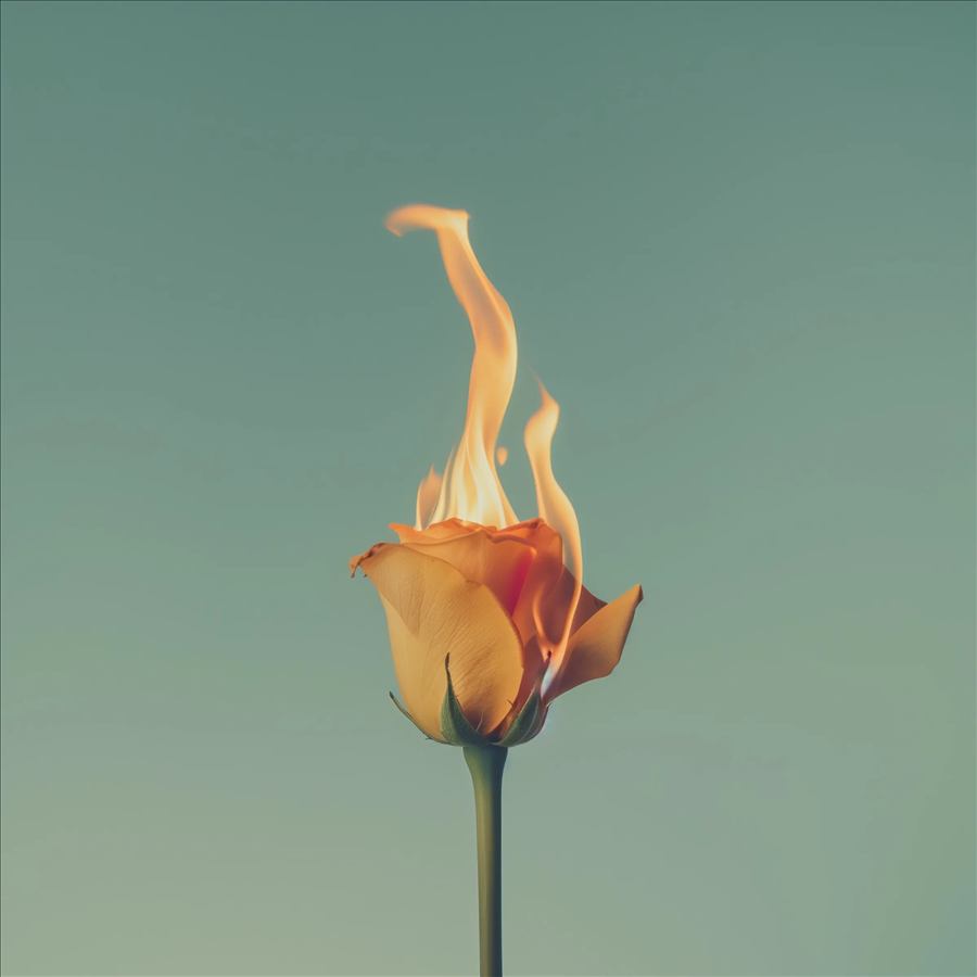 Una rosa amarilla envuelta en llamas contra un fondo verde azulado, imagen conceptual.