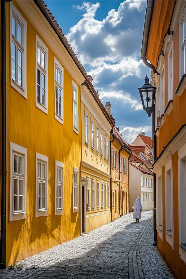 Calle empedrada entre fachadas amarillas de un pueblo europeo, con una religiosa caminando al fondo.
