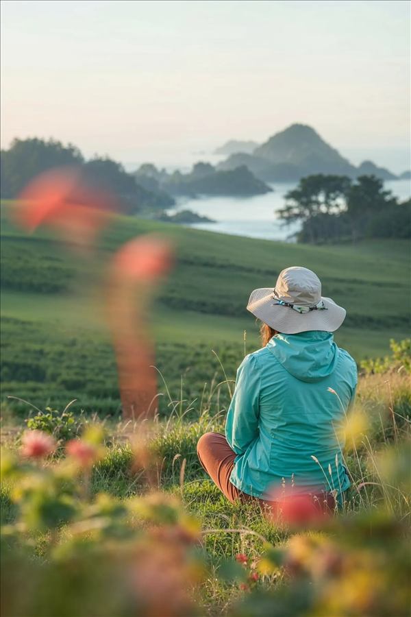 Mujer con sombrero sentada en un campo verde, mirando hacia una costa rocosa con niebla.