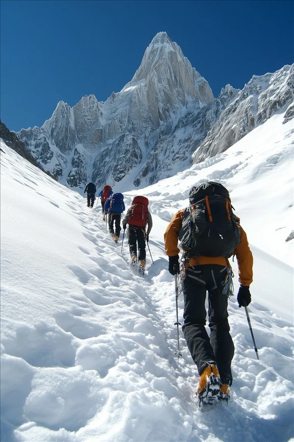 Fila de montanistas subiendo una ladera nevada hacia un pico rocoso imponente.