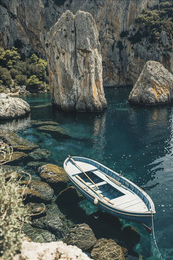 Bote de madera anclado en una cala de agua turquesa entre acantilados rocosos.