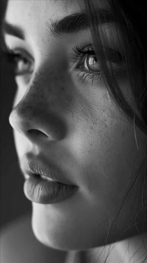 Primer plano extremo del ojo y el rostro de una mujer, en blanco y negro, con detalle fotografico nitido de pestanas y textura de piel.