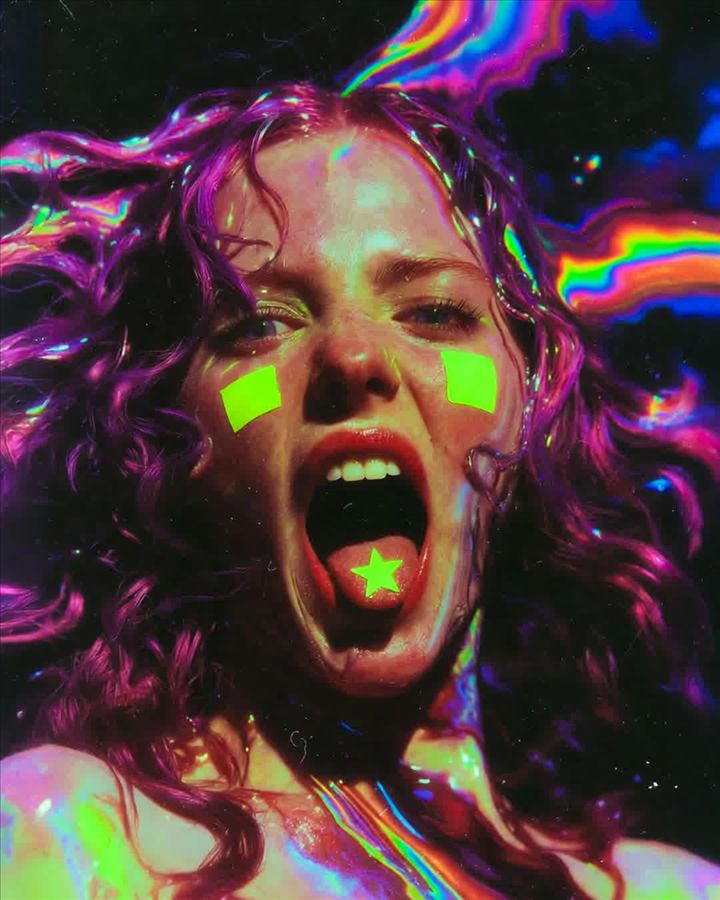 Retrato de una mujer con el cabello al viento, marcas neon en las mejillas y reflejos de colores estilo holografico sobre la piel.