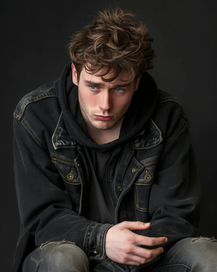 Retrato de un hombre joven con chaqueta de mezclilla oscura, mirada intensa, iluminacion de estudio dramatica.