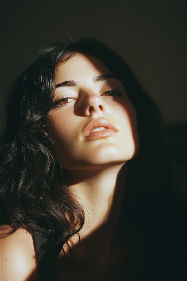Retrato de una mujer con el rostro iluminado por luz lateral calida contra un fondo oscuro.
