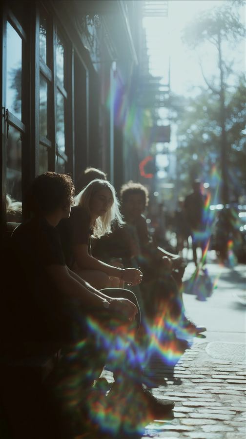 Grupo de personas sentadas en una calle empedrada, contraluz con destellos de arcoiris cruzando la escena.