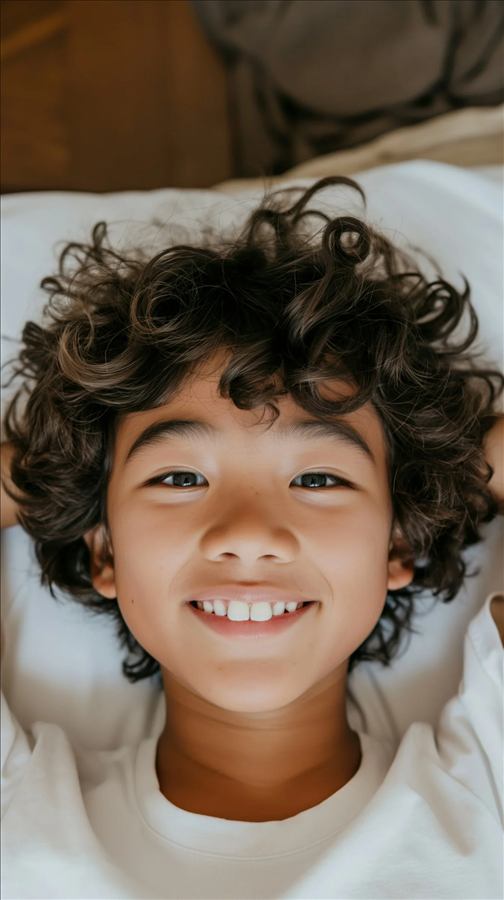 Nino sonriendo de espaldas sobre una cama, fotografia tierna y muy detallada.