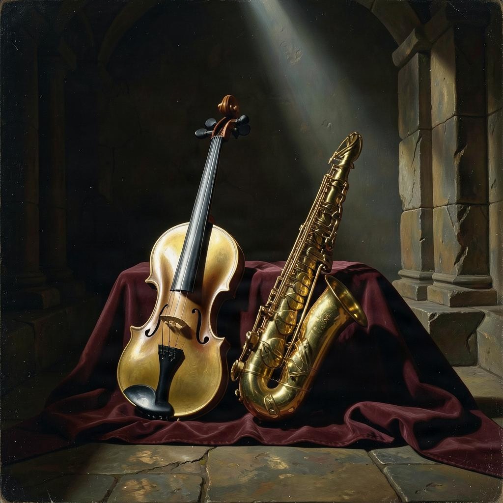 Pintura de un violín y un saxofón sobre un paño rojo, con luz dramática cayendo desde arriba.