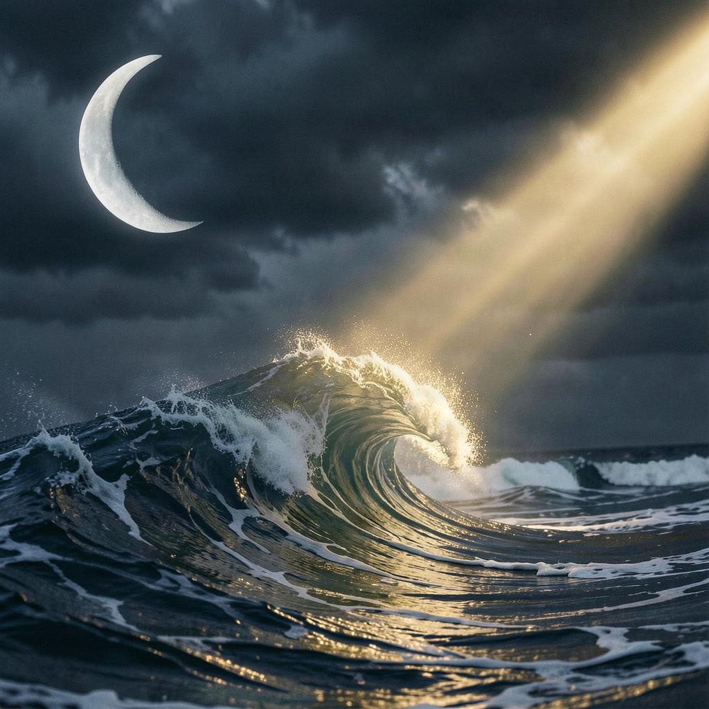 Portada de 'The Light Is Growing': un rayo de luz dorada atraviesa las nubes de una tormenta nocturna y cae sobre una ola, con la luna creciente al fondo.
