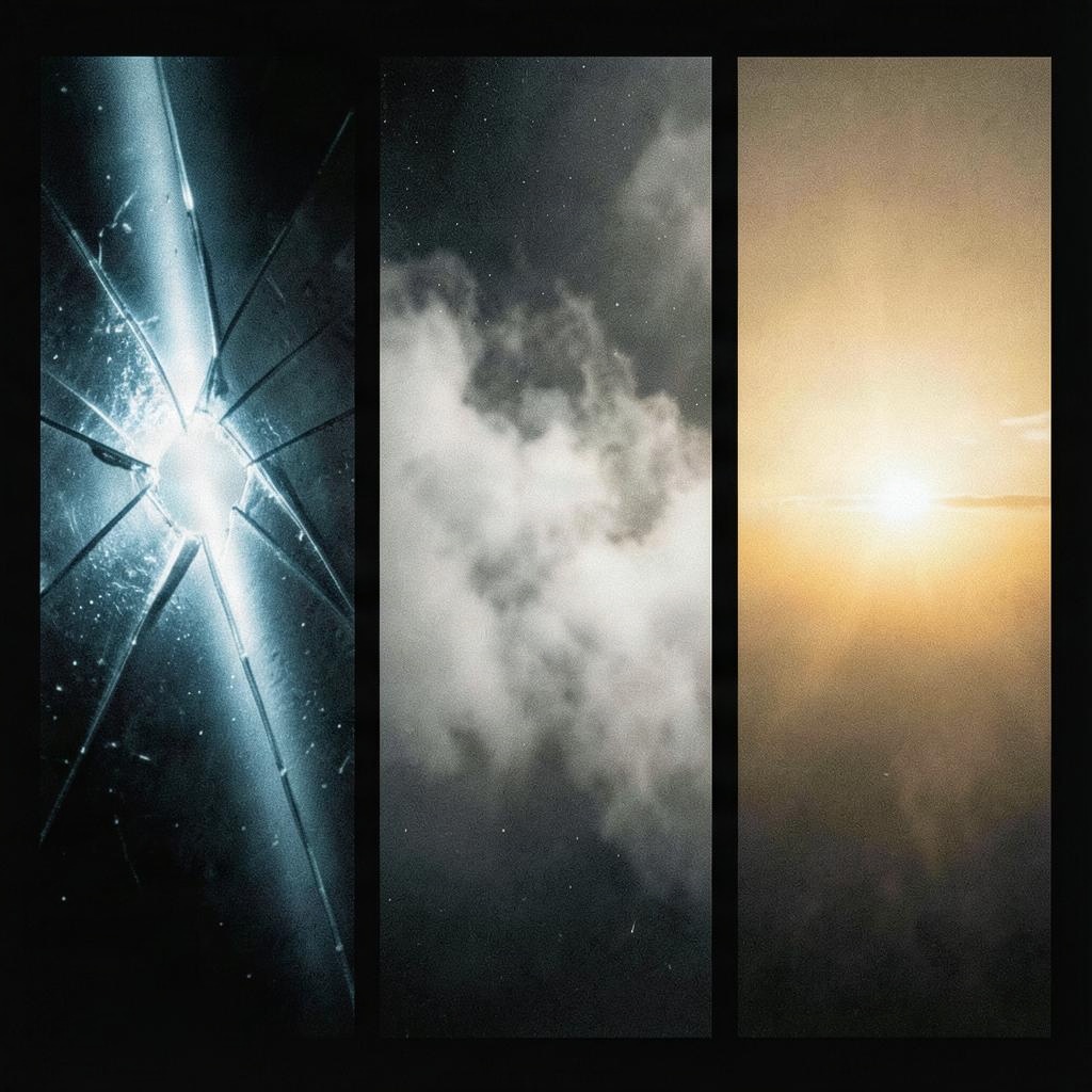 Tríptico: un cristal roto brillando de luz fría, humo nocturno con estrellas, y un amanecer cálido — el mismo recorrido de oscuridad a luz de la canción.